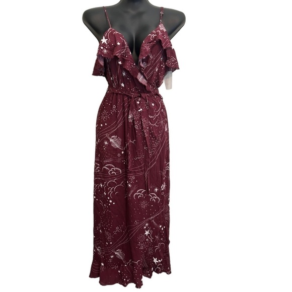 Lovestitch RUFFLE TOP WRAP MAXI DRESS IN WINE celestial pattern - Picture 1 of 14